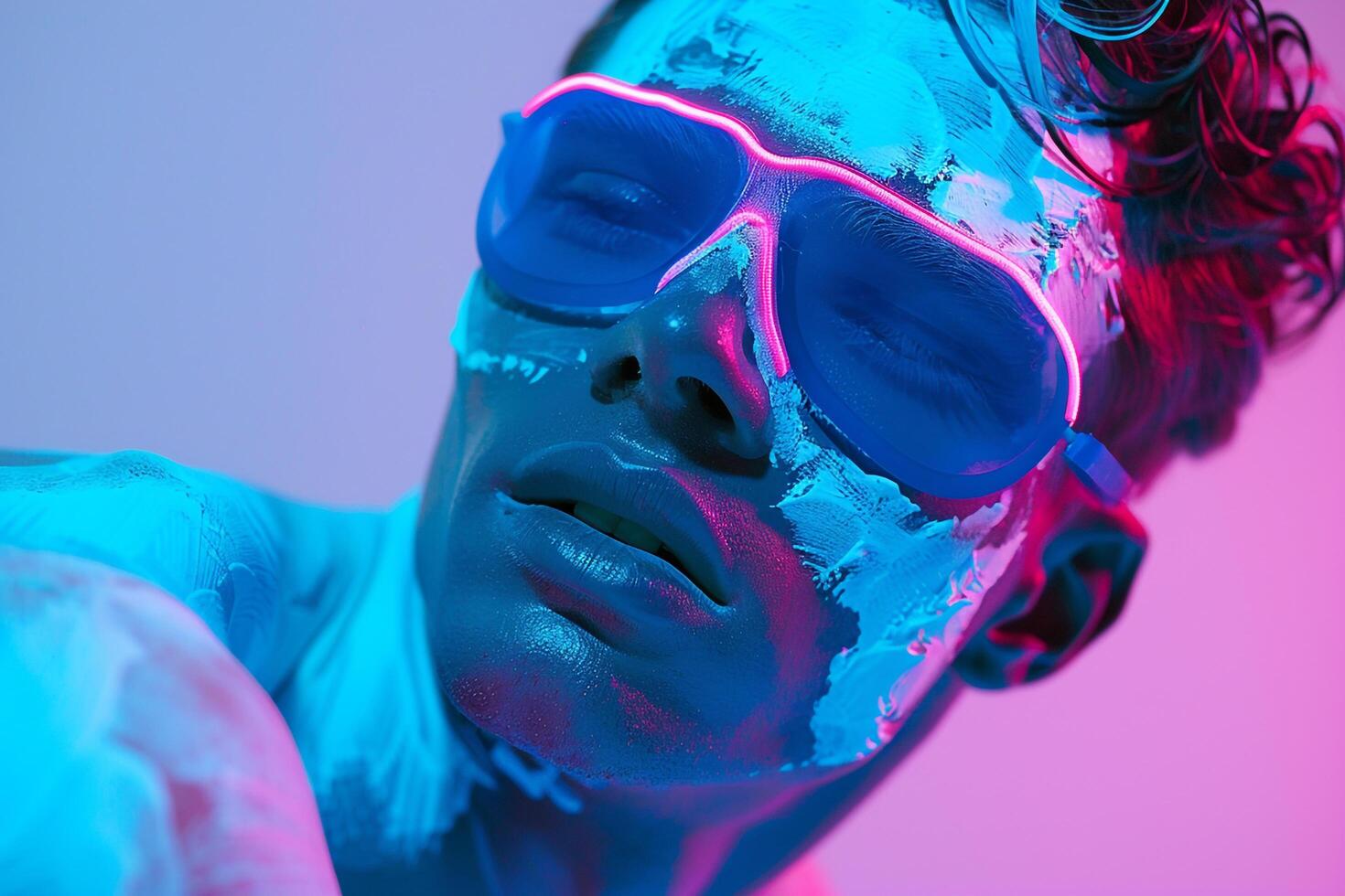 Fashionable Males portrait Featuring Handsome Male Model in Neon Blue Face Mask with Neon Coral Background photo