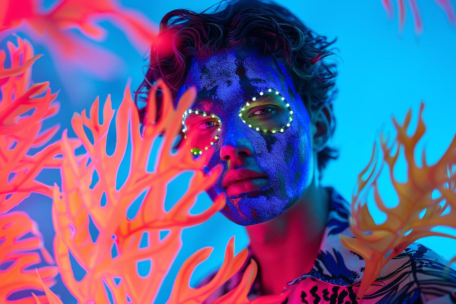 Handsome Fashion Male Model in Neon Blue Face Mask with Neon Coral Background Modern portrait for Male photo
