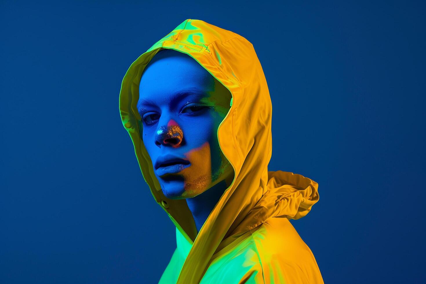 Handsome Male Model in Neon Yellow Face Mask with Neon Blue Background Trendy portrait for Modern Male photo