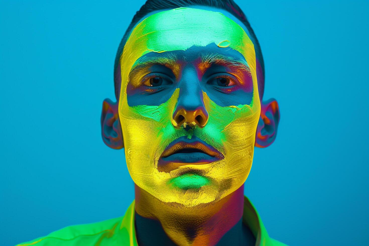 Handsome Males portrait Featuring Neon Yellow Face Mask with Neon Green Background photo