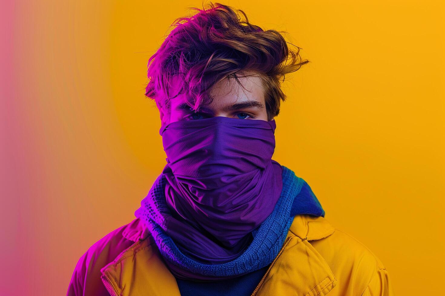 Handsome Fashion Male Model in Neon purple Face Mask with Neon Yellow Background Stylish Males portrait photo
