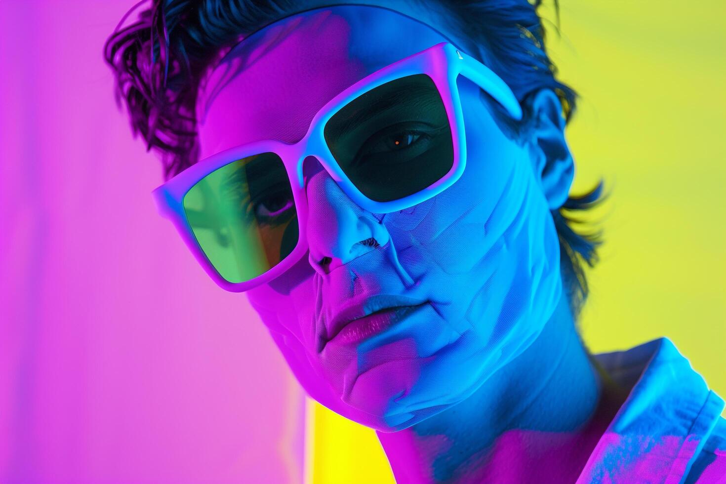 Trendy Males portrait Featuring Handsome Fashion Male Model in Neon purple Face Mask with Neon Yellow Background photo