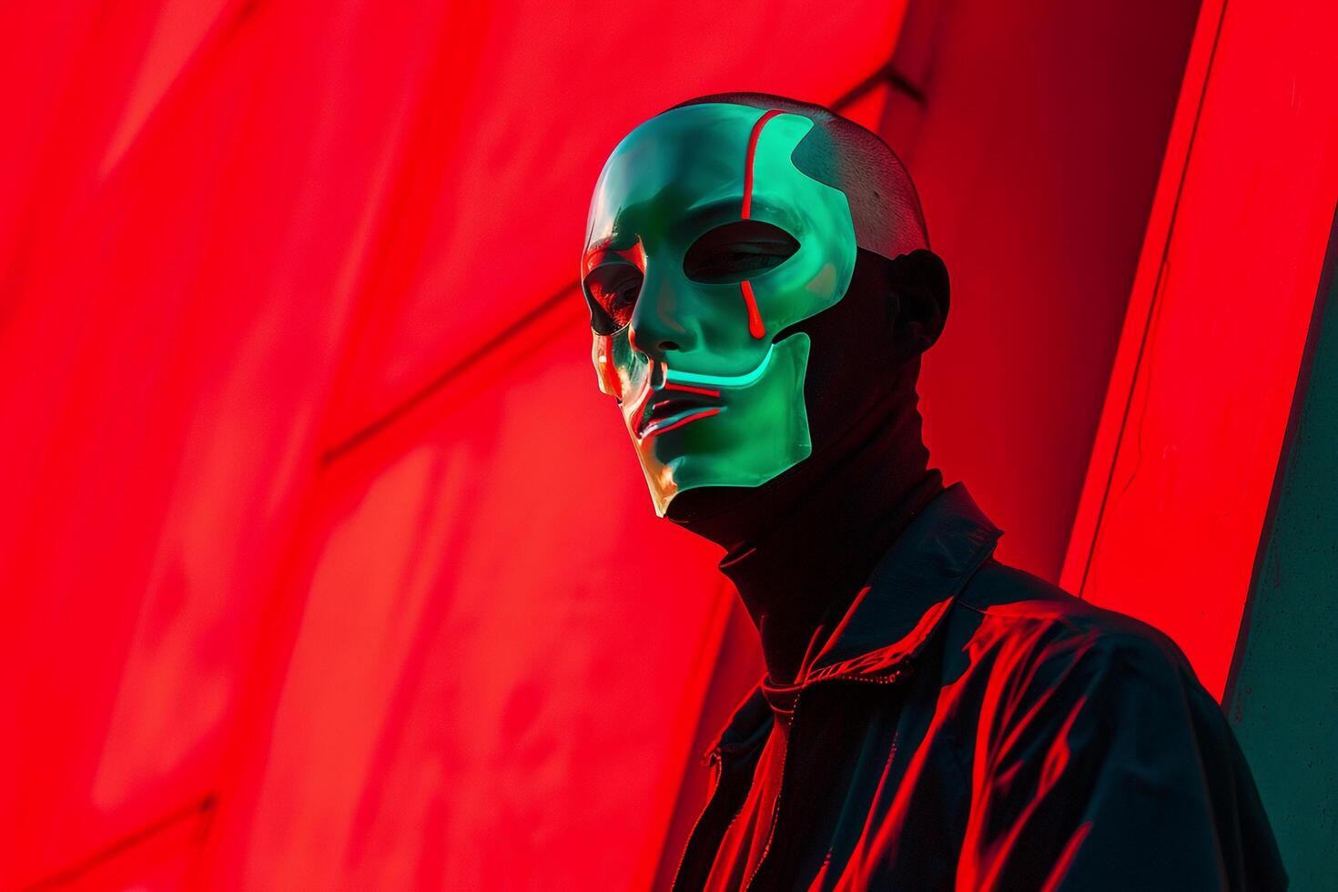 Handsome Fashion Male Model in Neon Green Face Mask with Neon Red Background Stylish Males portrait photo