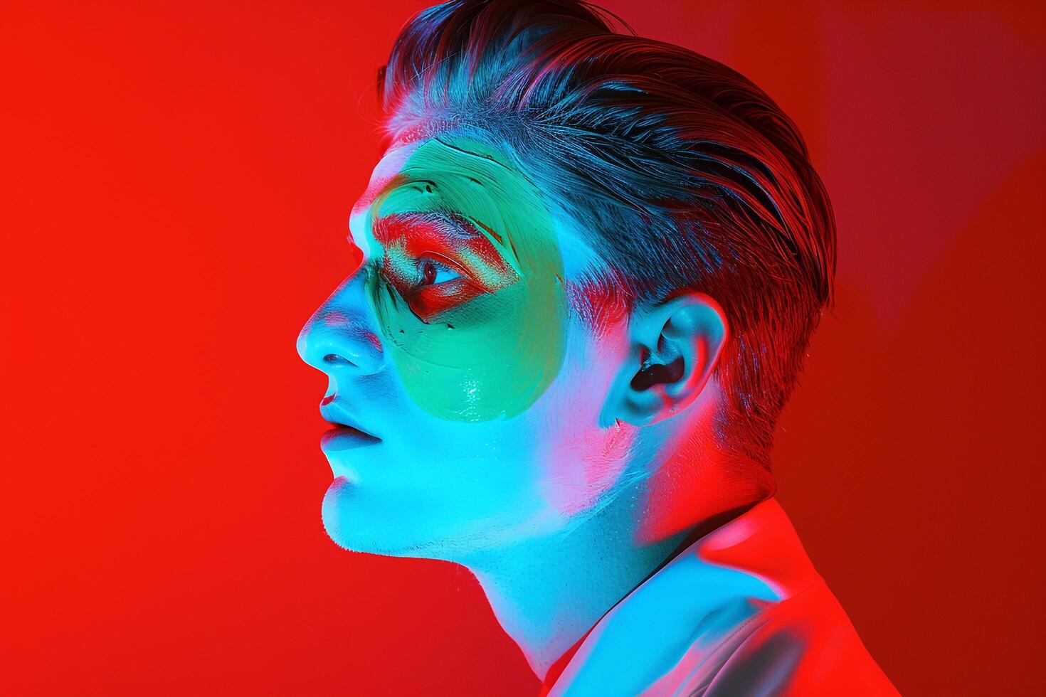 Trendy portrait Featuring Handsome Fashion Male Model in Neon Green Face Mask with Neon Red Background photo