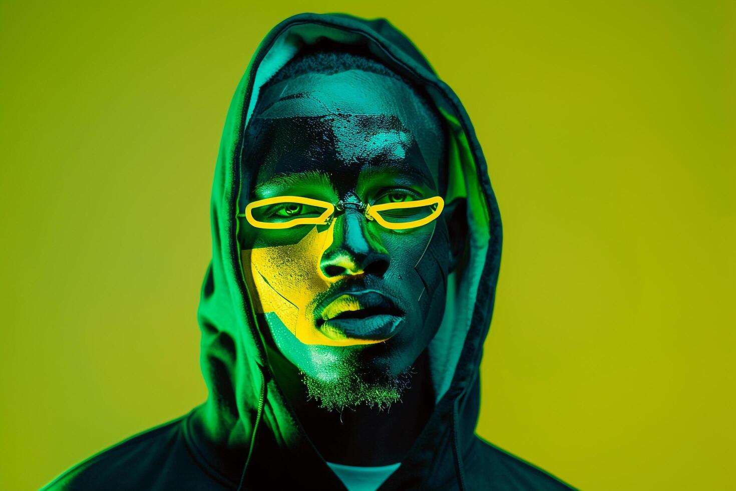 Trendy Fashion Male Model in Neon Yellow Face Mask with Neon Green Background Stylish Males portrait photo