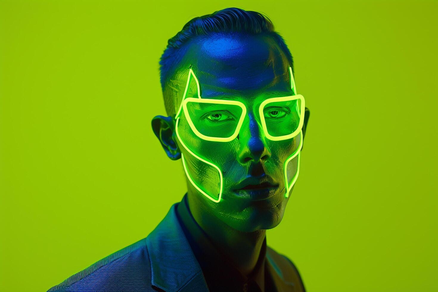 Trendy Fashion Male Model in Neon Yellow Face Mask with Neon Green Background Stylish Males portrait photo