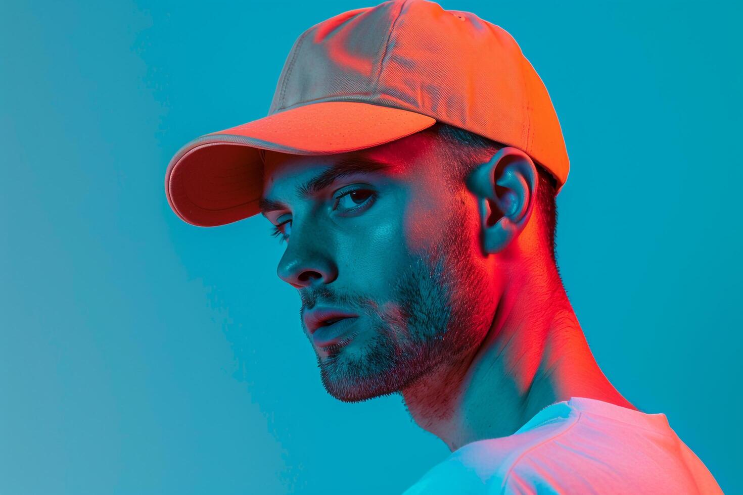 Stylish Males portrait Featuring Handsome Fashion Male Model in Neon Orange Cap with Neon Aqua Background photo