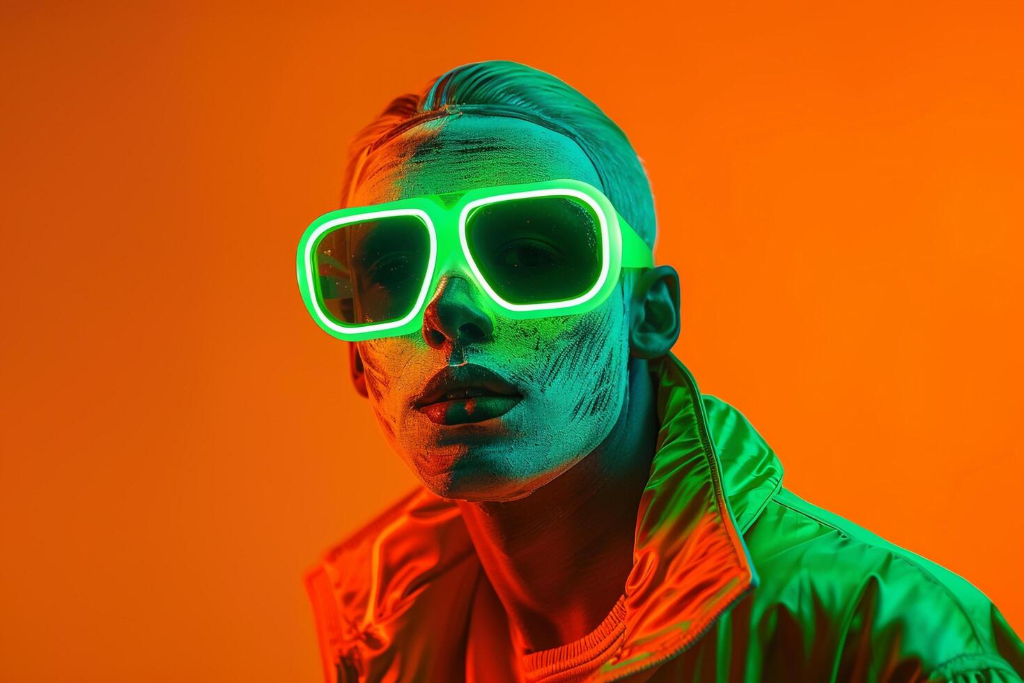 Handsome Fashion Male Model in Neon Green Face Mask with Neon Orange Background Trendy Males portrait photo