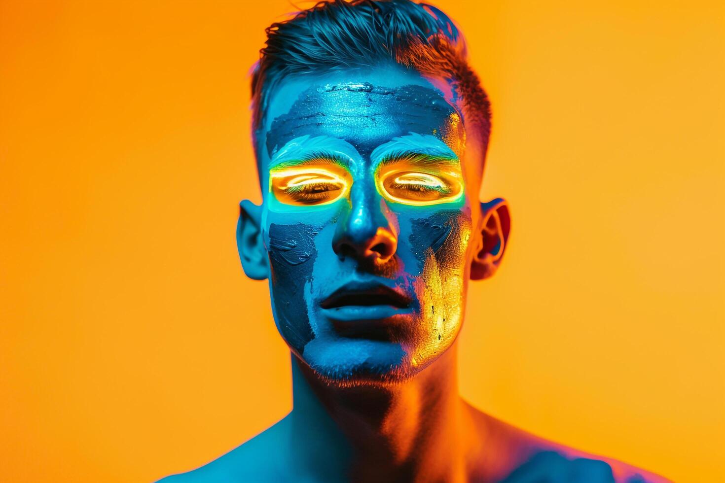Stylish portrait of Handsome Fashion Male Model in Neon Teal Face Mask with Neon Yellow Background Trendy Males Lifestyle photo