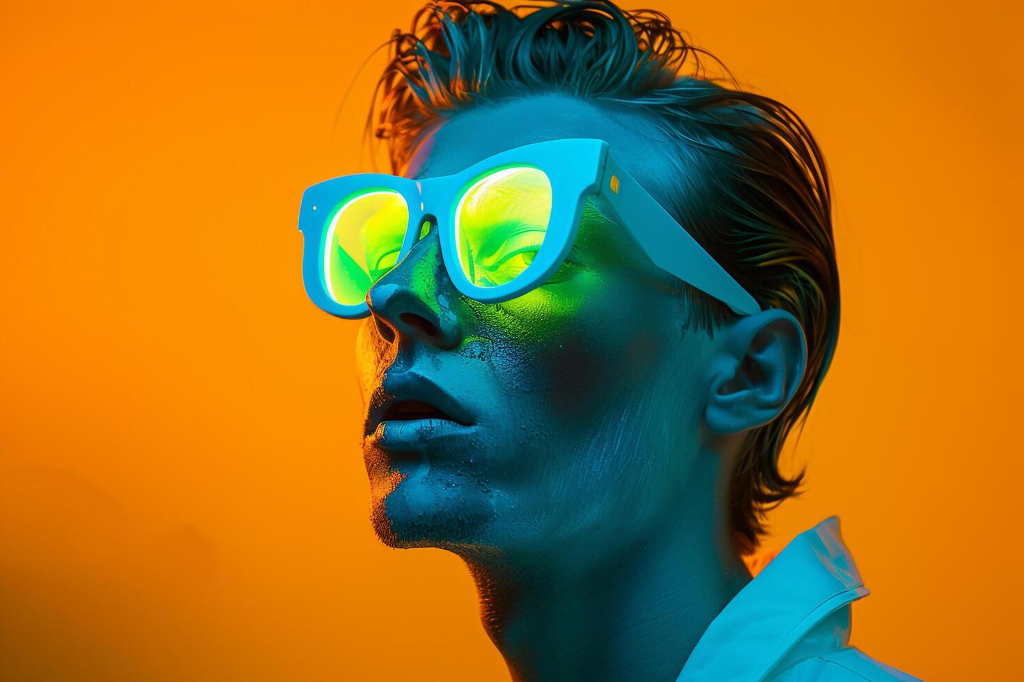 Handsome Male Model in Neon Teal Face Mask with Neon Yellow Background Stylish Males portrait with Vibrant Lifestyle Look photo