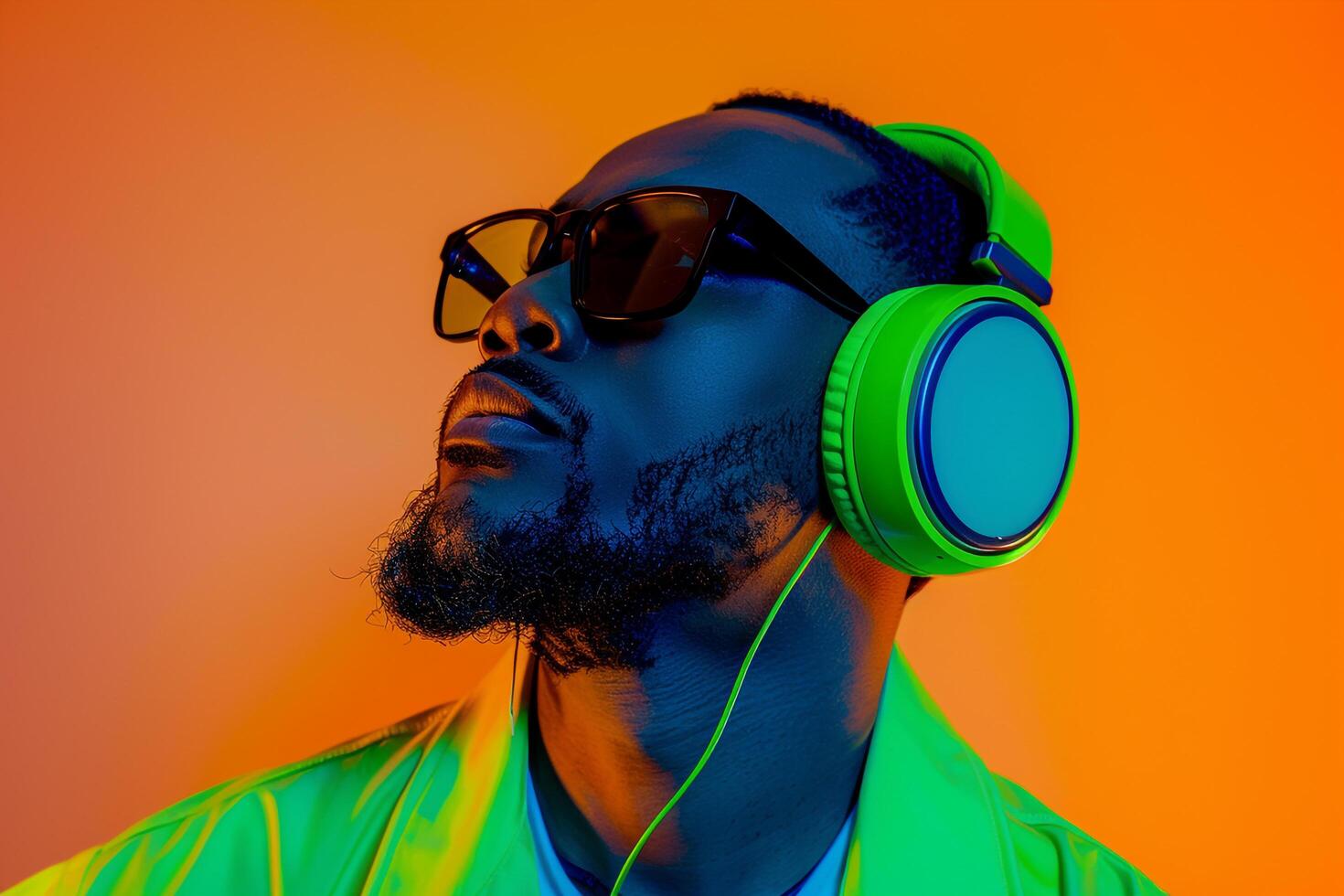 Handsome Male Model in Neon Green Headphones with Neon Orange Background Stylish Males portrait with Modern Accessories photo