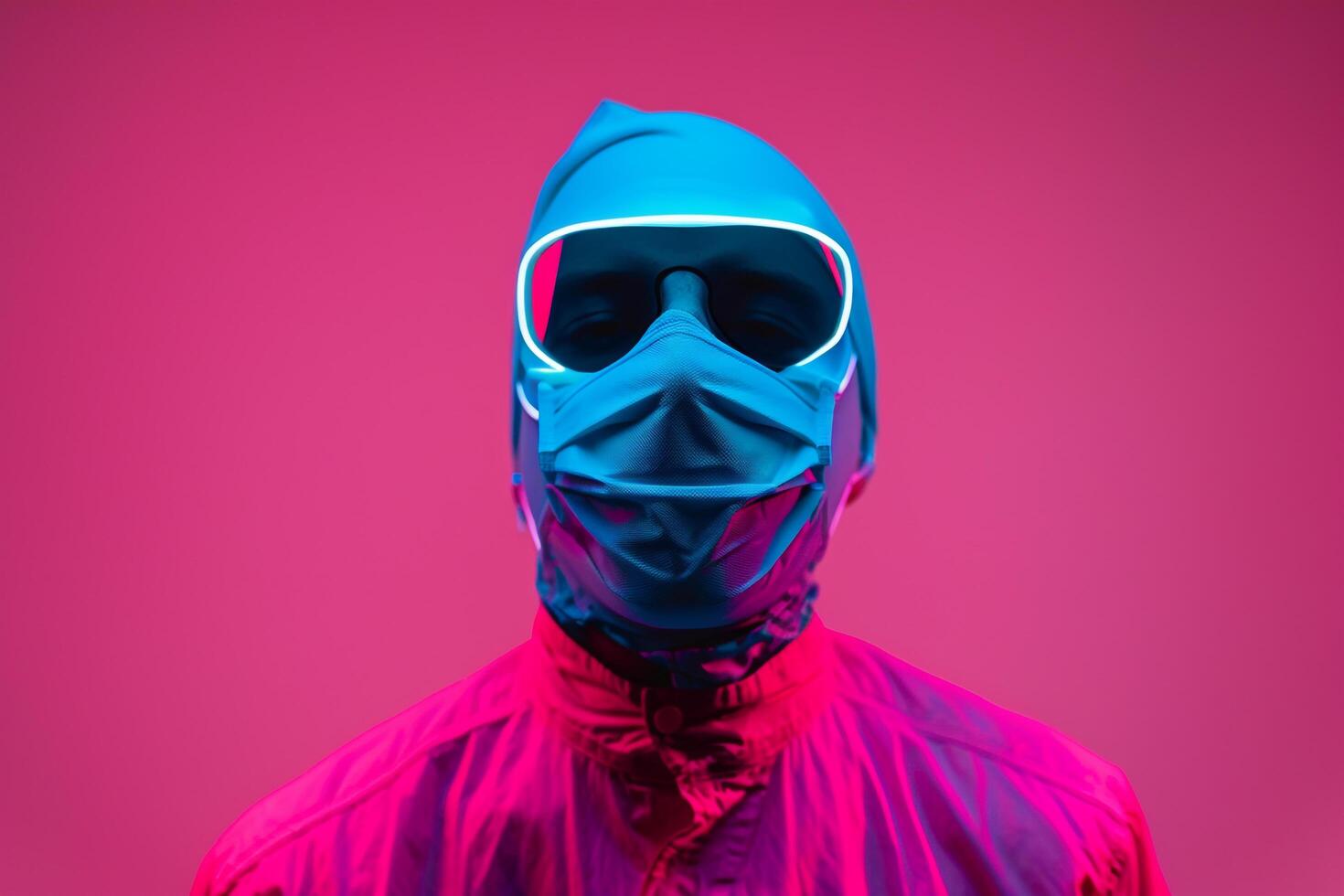 Stylish portrait of Handsome Male Model in Neon Teal Face Mask with Neon pink Background Trendy Males Lifestyle photo