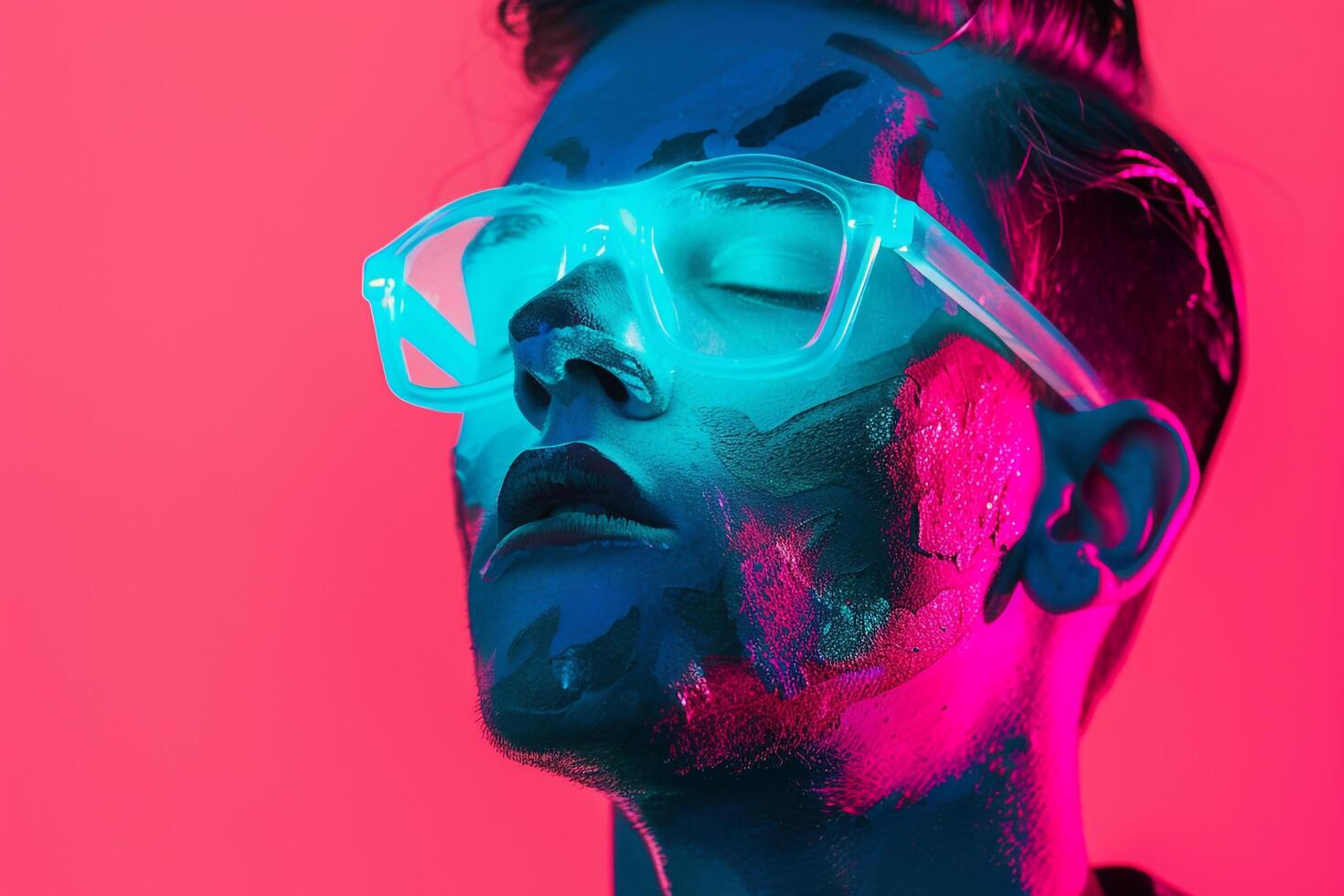 Stylish portrait of Handsome Fashion Male Model in Neon Teal Face Mask with Neon pink Background Trendy Males Lifestyle photo