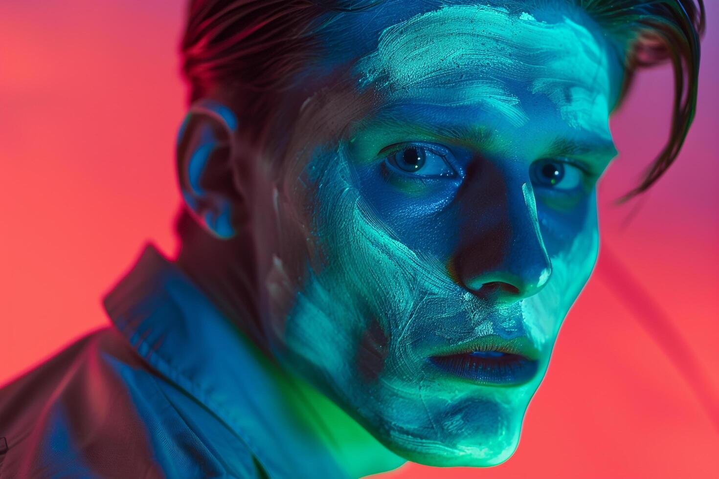 High end Fashion portrait of Handsome Male Model in Neon Green Face Mask with Neon Aqua Background Stylish Males Look photo
