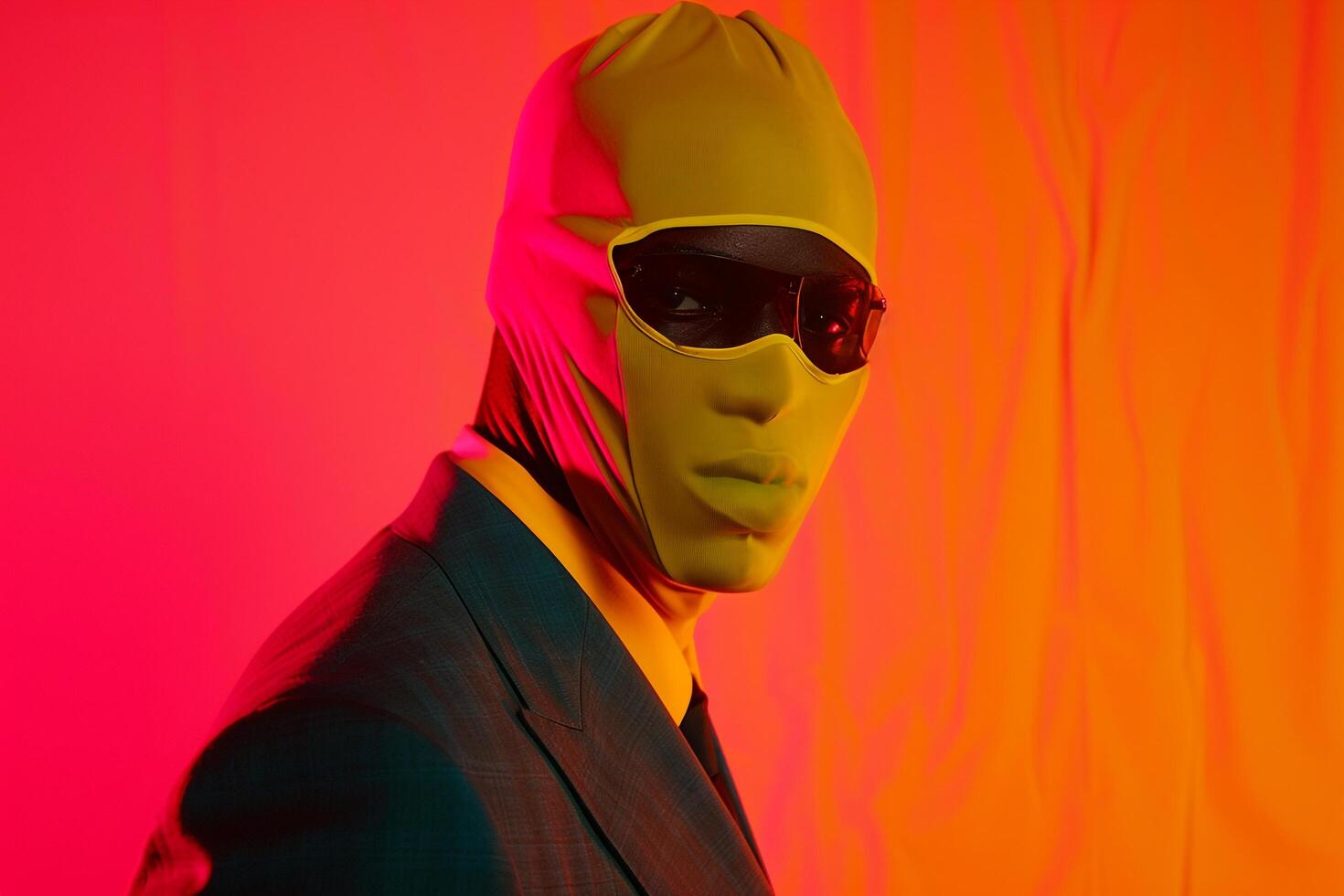 Stylish portrait of Handsome Fashion Male Model in Tailored Suit with Neon Yellow Ski Mask and Neon Orange Background photo