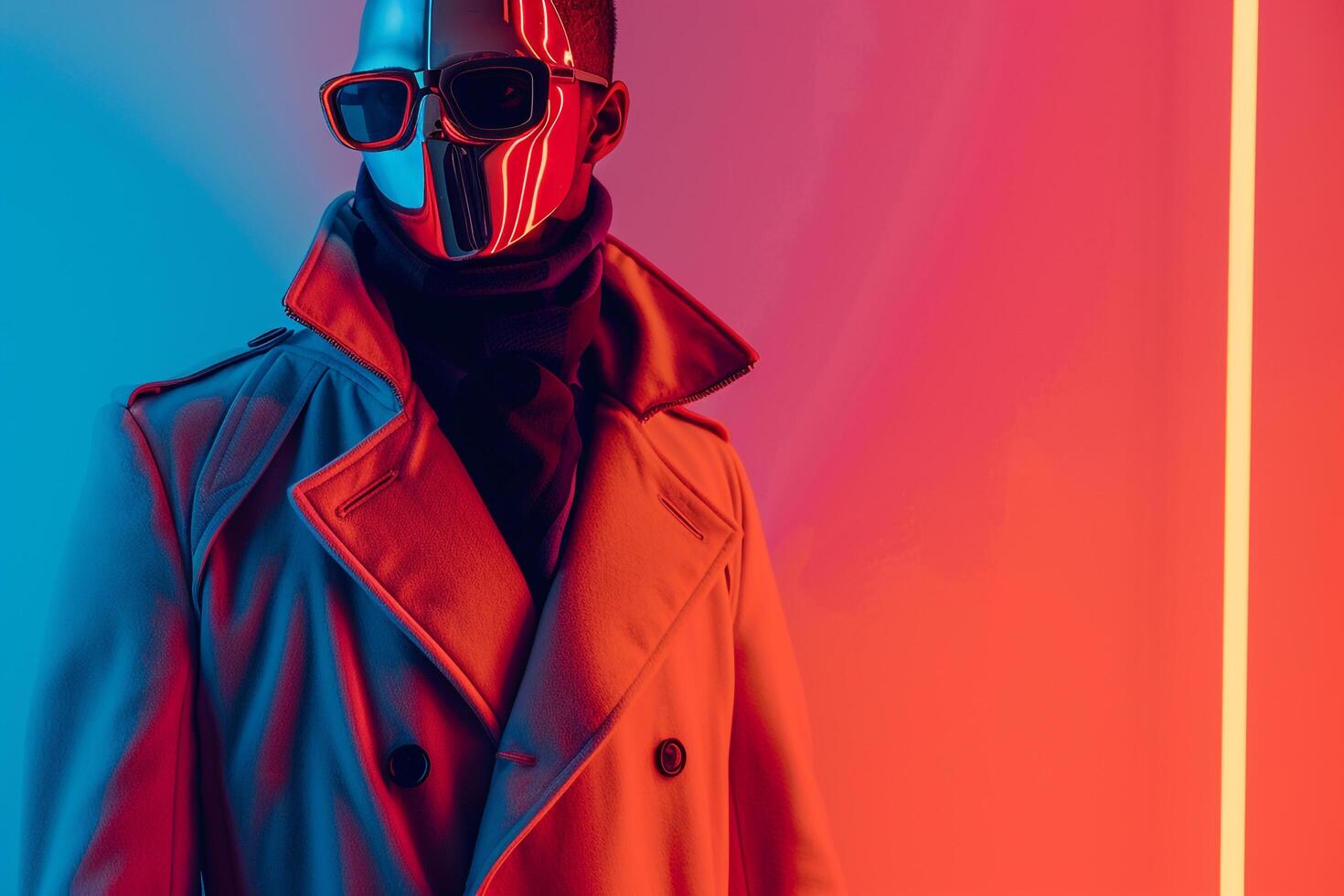 Trendy Fashion Handsome Male Model in Overcoat with Males Fashion Face Mask Neon Coral Background Modern Urban Style photography photo