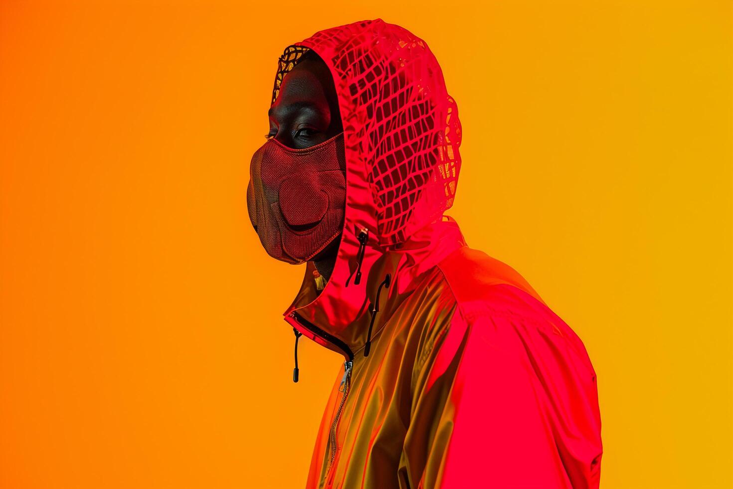 Chic Fashion Handsome Male Model in Casual Jacket with Neon Coral Sneaker Mask Neon Yellow Background Trendy Urban Look photo