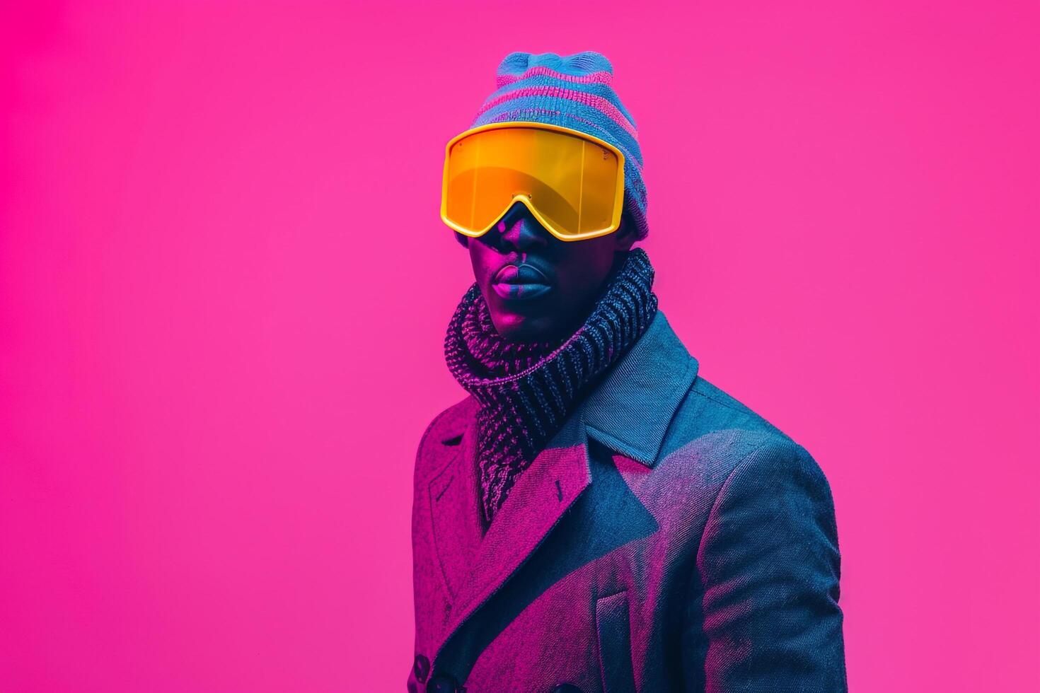 High end Fashion Handsome Male Model in Casual Overcoat with Neon Yellow Ski Mask Neon pink Background Trendy Urban Style photography photo
