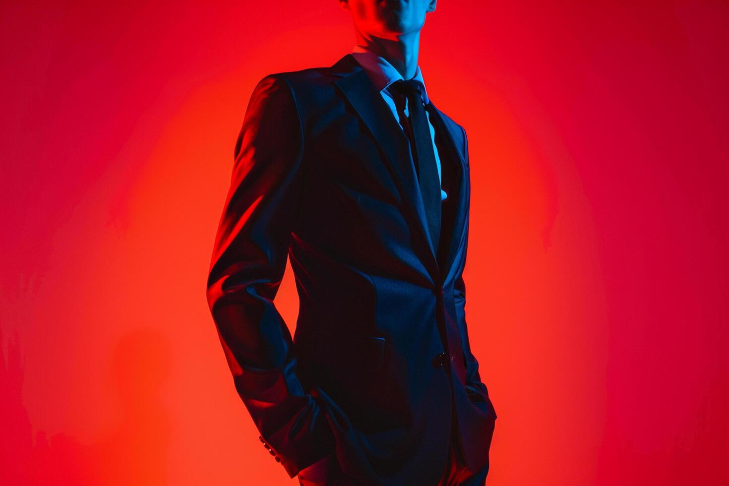 High end Fashion Handsome Male Model in Tailored Suit with Neon Red Background Trendy Urban Look photo