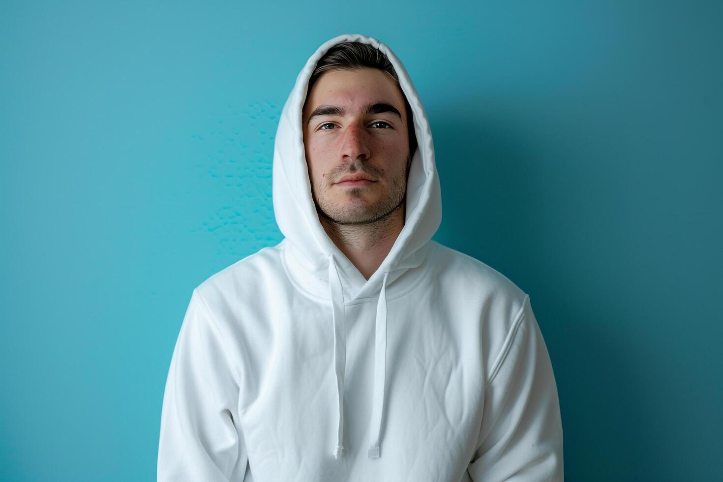 Chic Fashion Handsome Male Model in Trendy Hoodie with Light Blue Background High end Urban photography photo