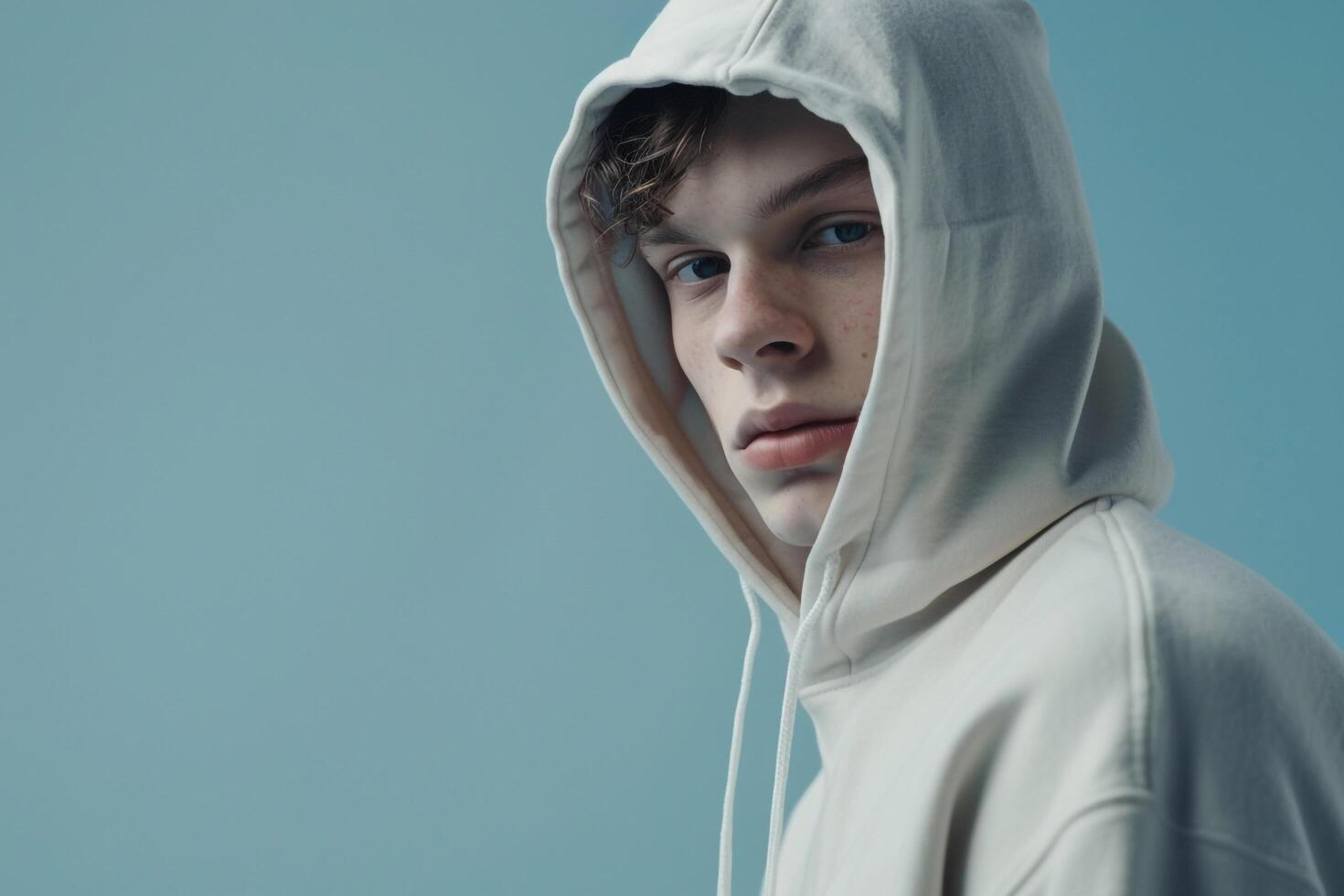 Modern Fashion Handsome Male Model in Trendy Hoodie with Light Blue Background High end Urban Look photo