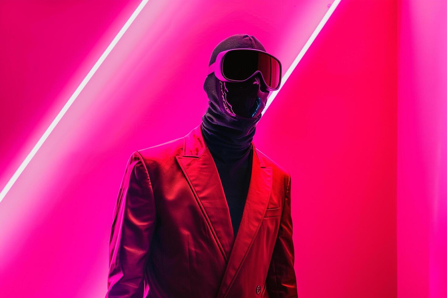 Chic Fashion Handsome Male Model in Casual Suit with Neon Black Ski Mask Neon pink Background High end Urban Look photo