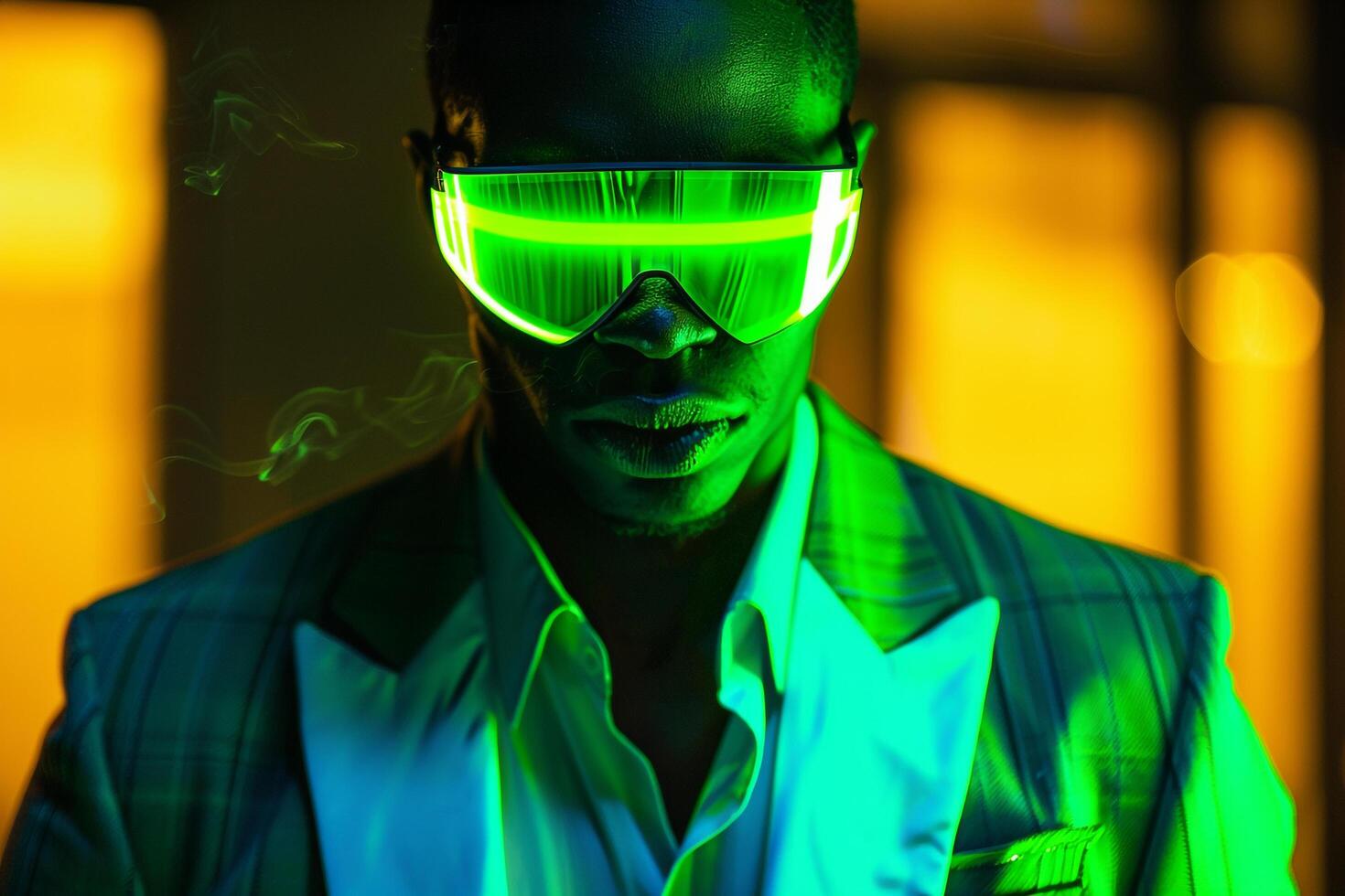 Trendy Fashion Handsome Male Model in Tailored Blazer with Neon Green Ski Mask Neon Aqua Background Urban High end photography photo