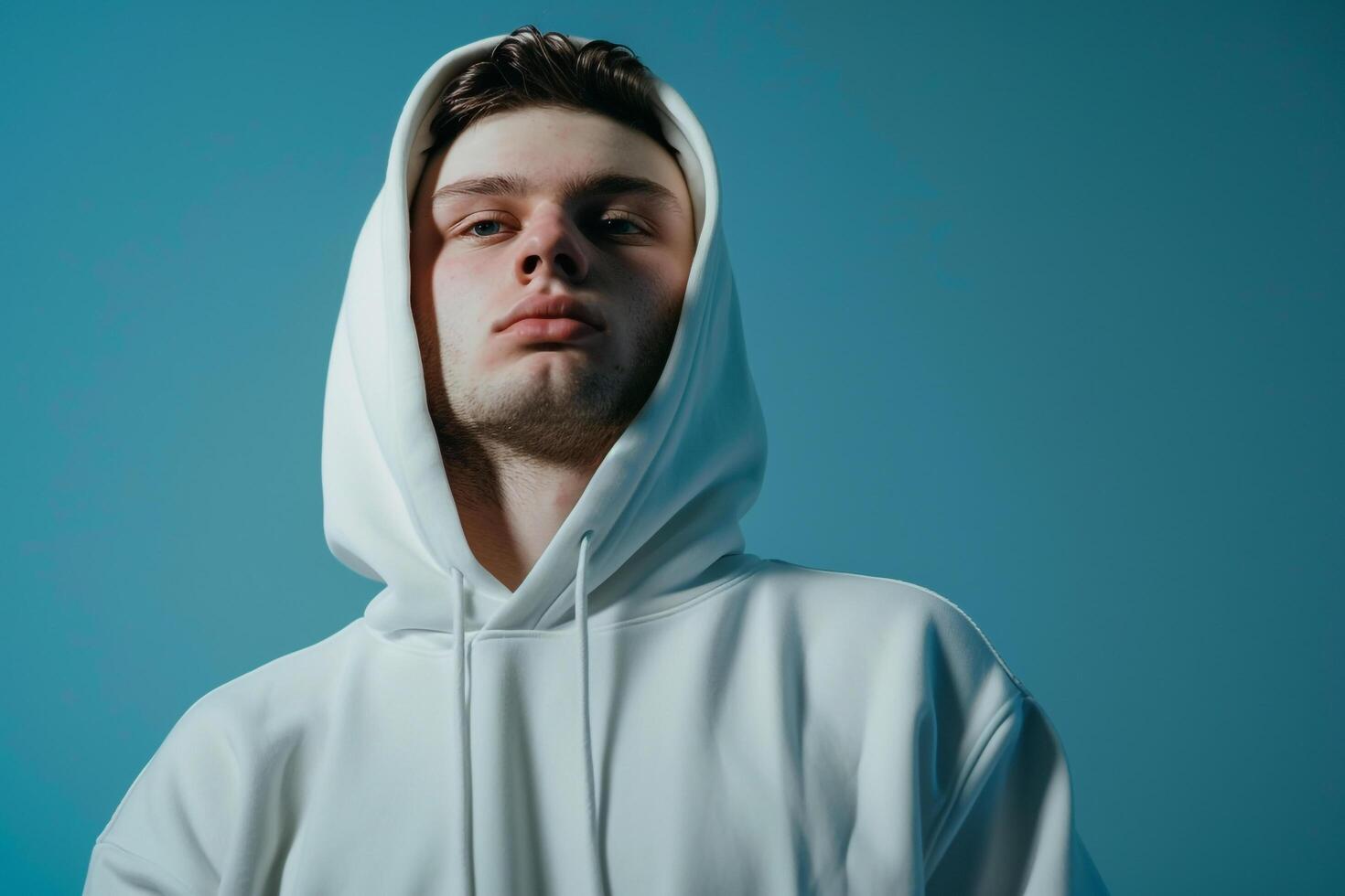 Chic Fashion Handsome Male Model in Trendy Hoodie with Light Blue Background High end Urban Look photo