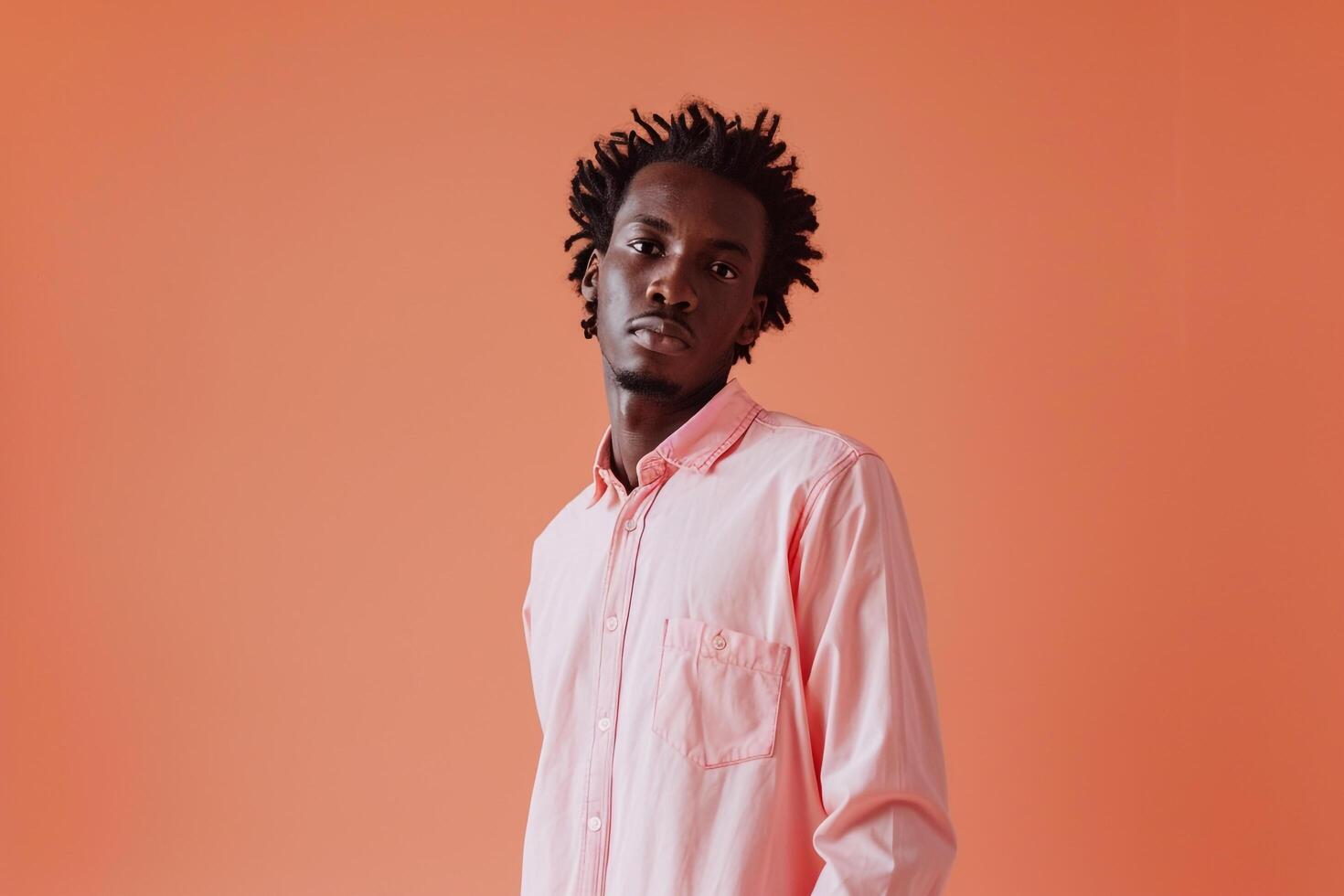 Trendy Fashion Male Model in Long Sleeve Shirt with Light Coral Background Reflecting Modern Lifestyle portrait photo