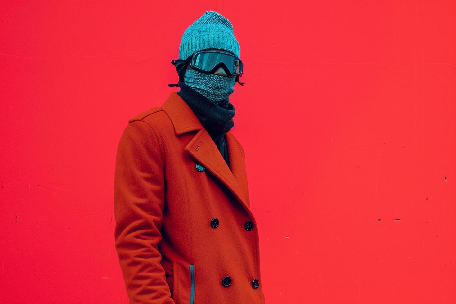 Trendy Overcoat Fashion Male Model with Neon Aqua Ski Mask and Neon Coral Background Defining High end Fashion photo