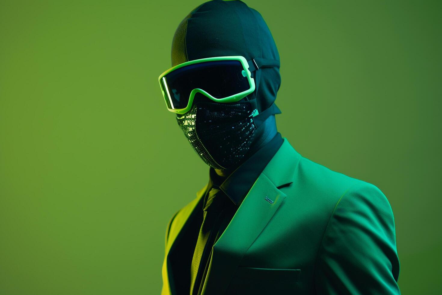 Handsome Fashion Male Model in Casual Suit with Neon Black Ski Mask and Neon Green Background Merging Style with Modern Design photo