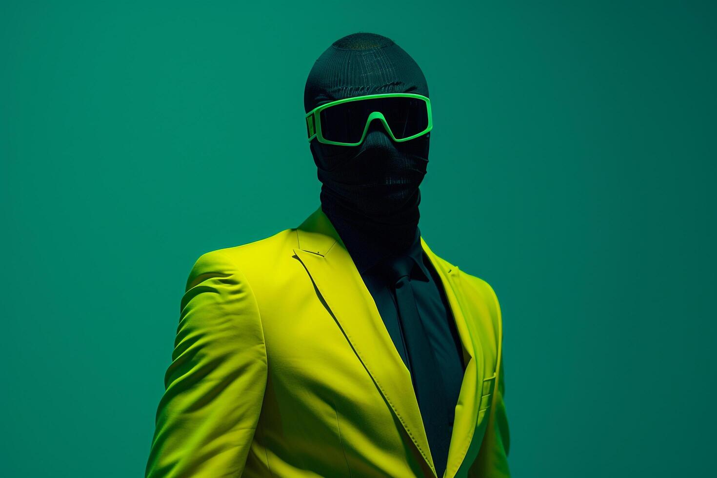 Fashion Male Model in Casual Suit with Neon Black Ski Mask and Neon Green Background emphasizing Modern Appeal photo