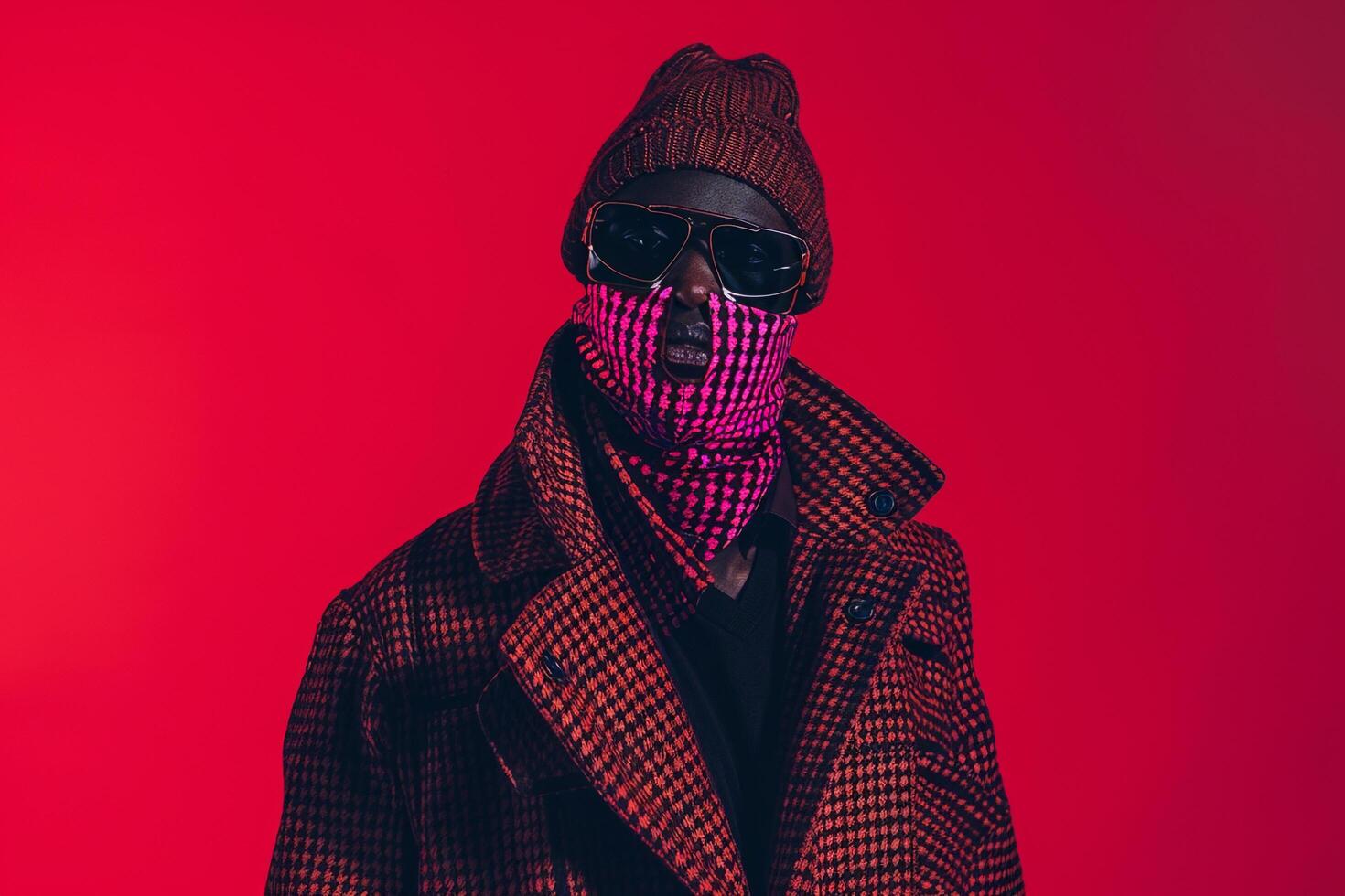 Trendy Overcoat Fashion Male Model with Neon pink Ski Mask and Neon Red Background Merging Style with Modern Appeal photo