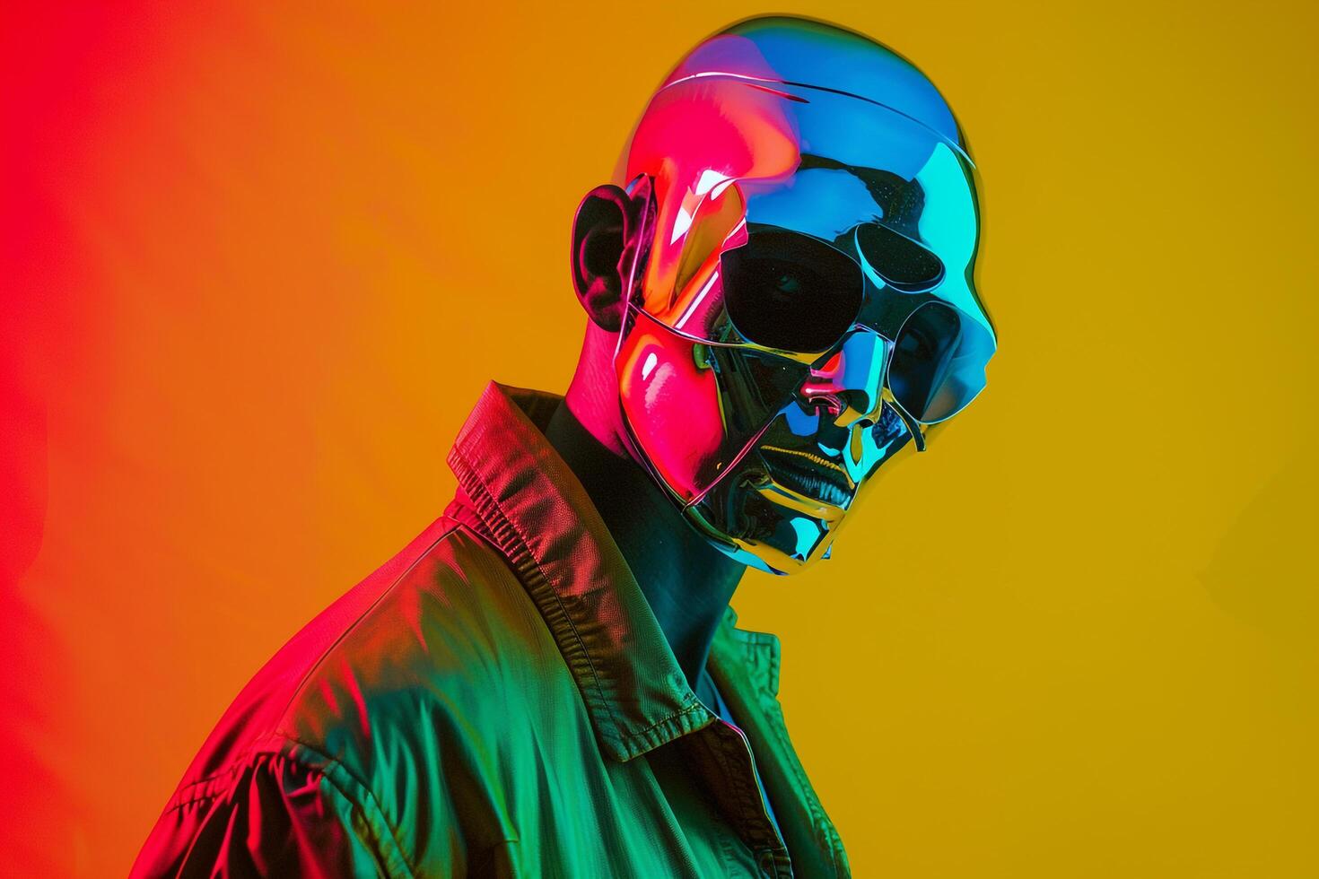 Casual Jacket Fashion Male Model with Males Fashion Face Mask and Neon Green Background Reflecting Trendy Style photo