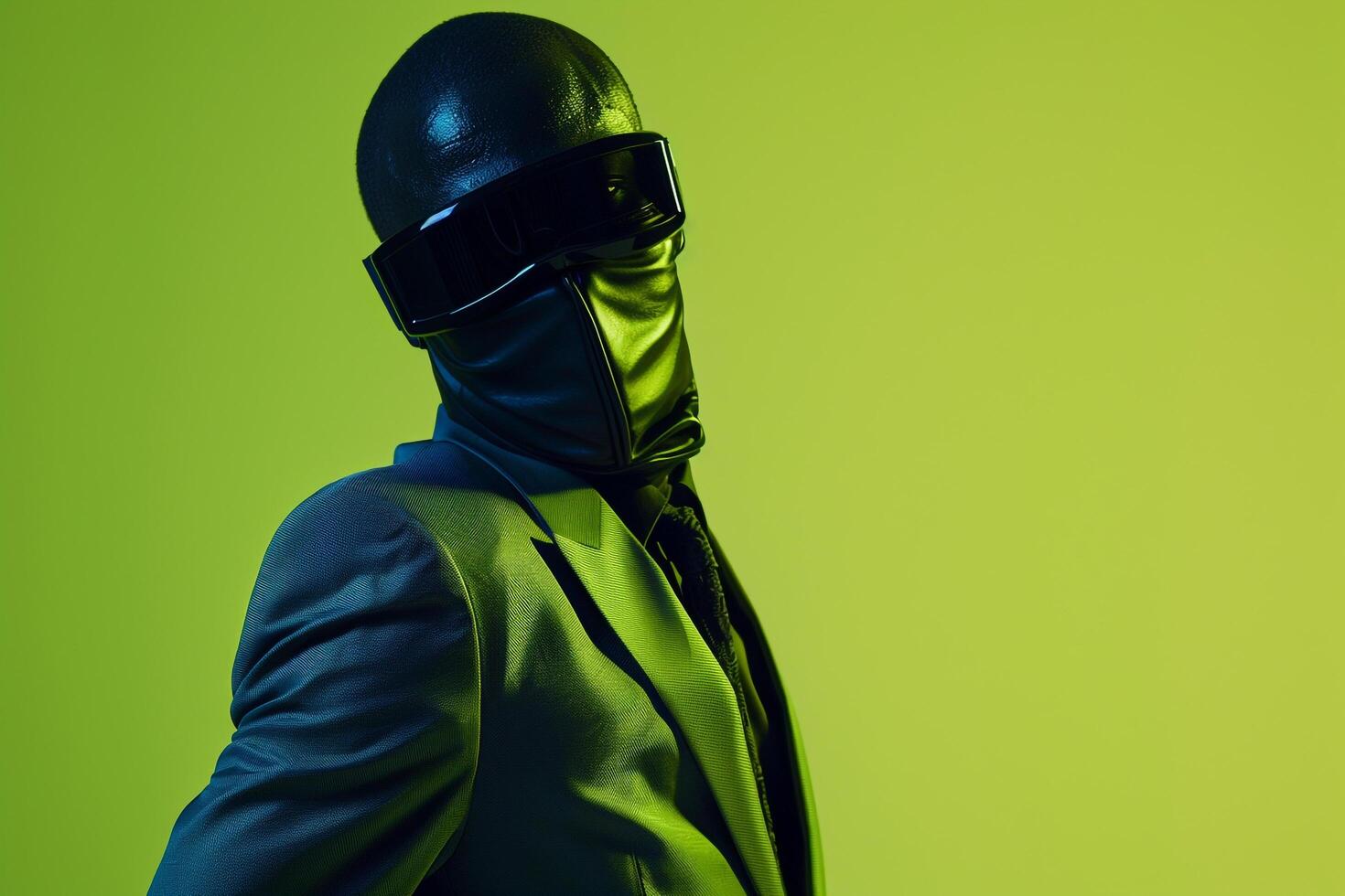 Fashion Male Model in Casual Suit with Neon Black Ski Mask and Neon Green Background Representing Modern Fashion photo