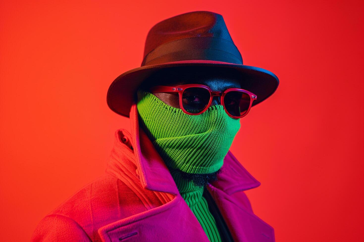 Fashion Male Model in Casual Overcoat with Neon Green Ski Mask and Neon Coral Background Reflecting Modern Fashion Trends photo