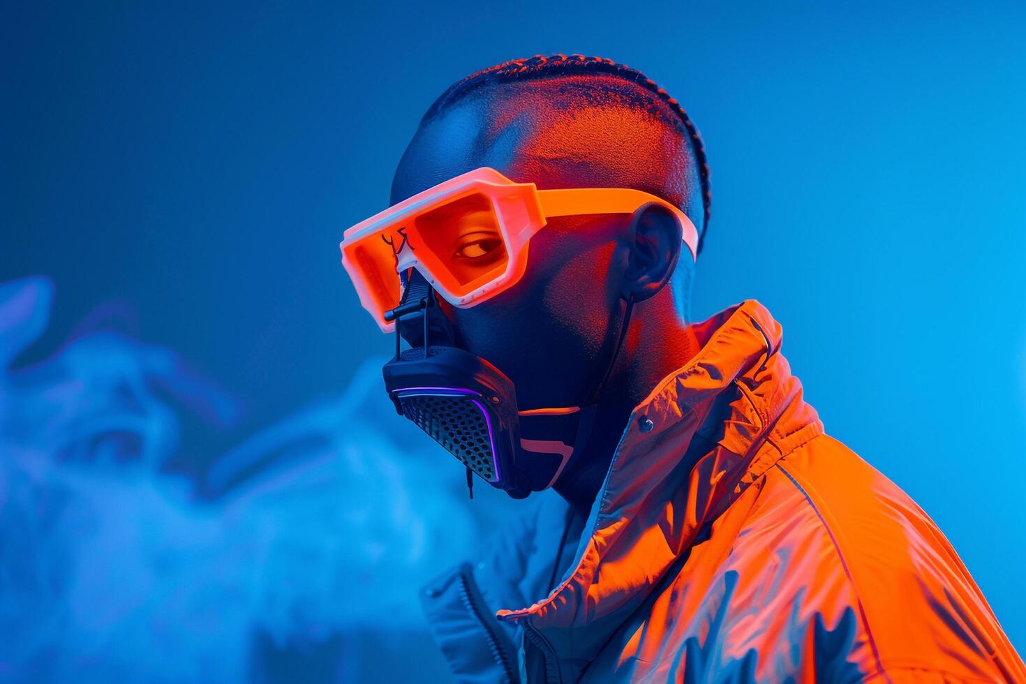 Chic Fashion Male Model in Trendy Jacket with Neon Orange Sneaker Mask and Neon Blue Background High end Lifestyle Shot photo