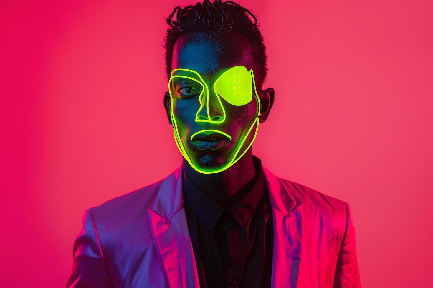 elegant Male Model in Casual Blazer with Neon Yellow Sneaker Mask Neon Coral Background High end Lifestyle portrait photo