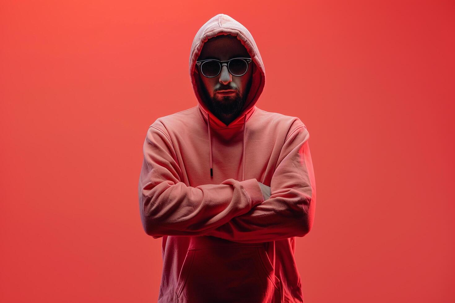 Trendy Male Model in Hoodie with Light Coral Background High end Lifestyle portrait photo