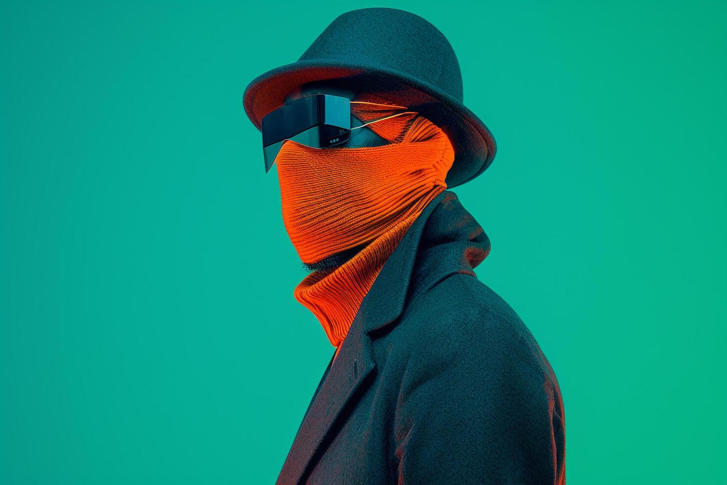 High end Fashion Male Model in Casual Overcoat with Neon Orange Ski Mask and Neon Green Background Sophisticated portrait photo
