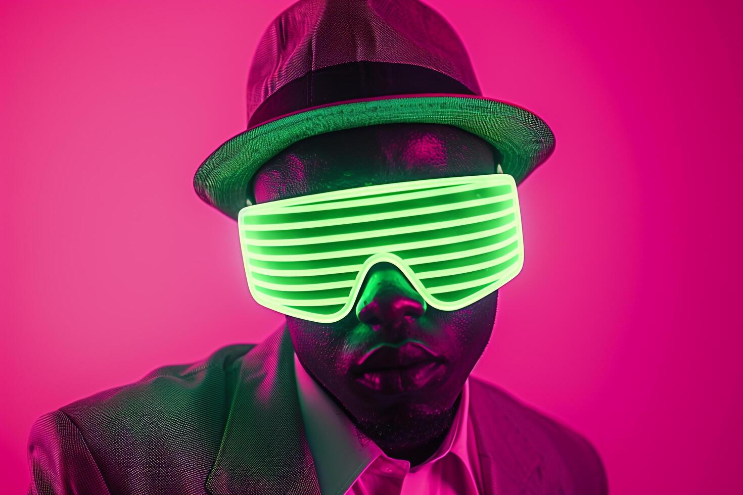Trendy Fashion Male Model in Blazer with Neon Green Ski Mask and Neon pink Background High end portrait photo