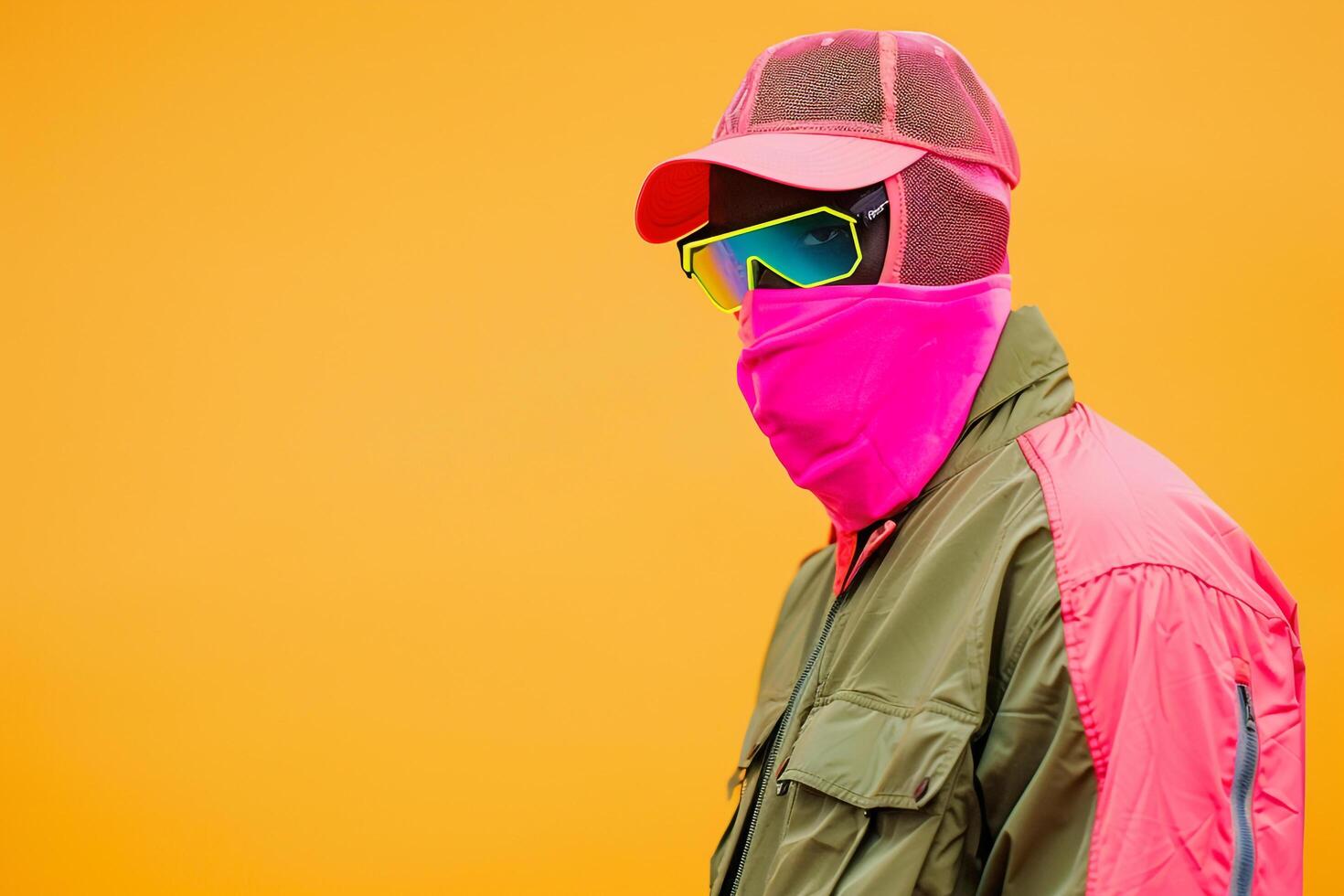 Fashion Male Model in Trendy Jacket with Neon pink Sneaker Mask and Neon Yellow Background photo