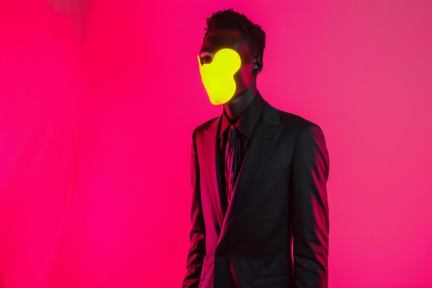 Stylish Fashion Male Model in Casual Suit with Neon Yellow Sneaker Mask and Neon pink Background photo