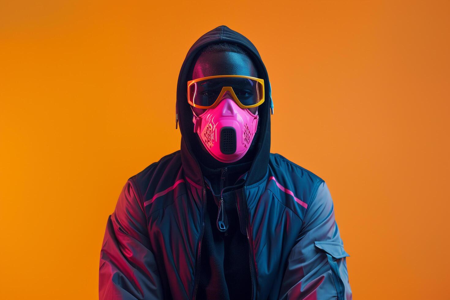 High end Fashion Male Model in Trendy Jacket with Neon pink Sneaker Mask and Neon Yellow Background photo