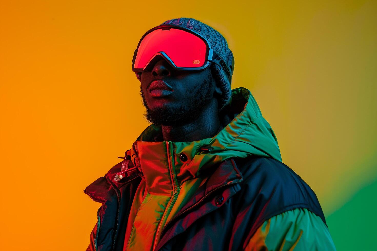 Fashion Male Model in Trendy Jacket with Neon Red Ski Mask and Neon Green Lifestyle Background photo
