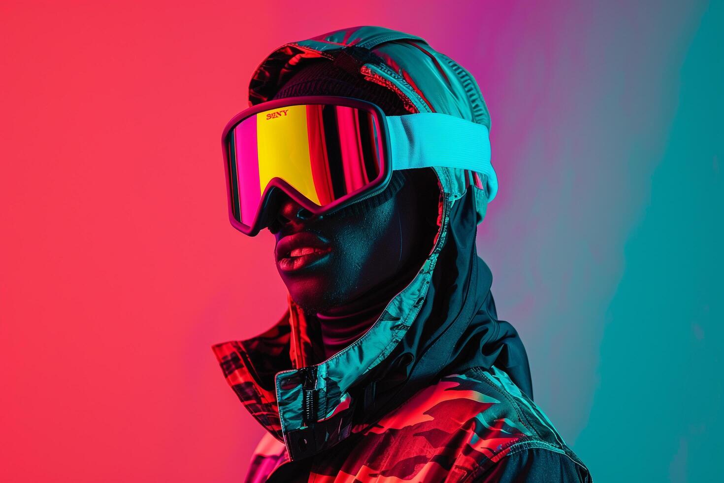 Fashion Male Model in Trendy Jacket with Neon Red Ski Mask and Neon Green Background photo