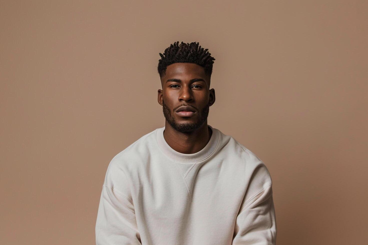 Trendy Sweatshirt Fashion Male Model with Light Taupe Background and Modern Lifestyle portrait photo