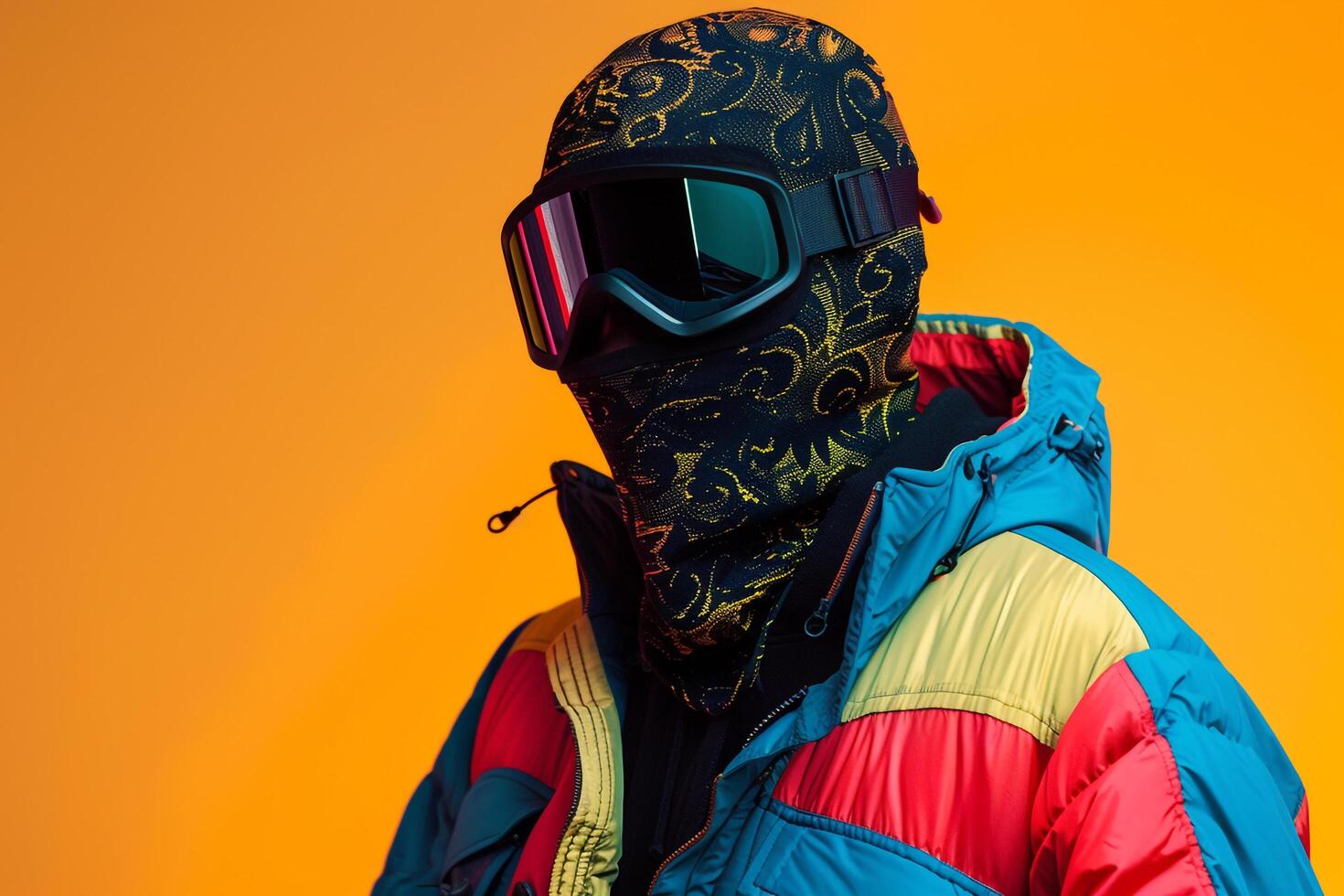 Stylish Fashion Male Model in Trendy Jacket with Neon Black Ski Mask and Neon Yellow Background photo
