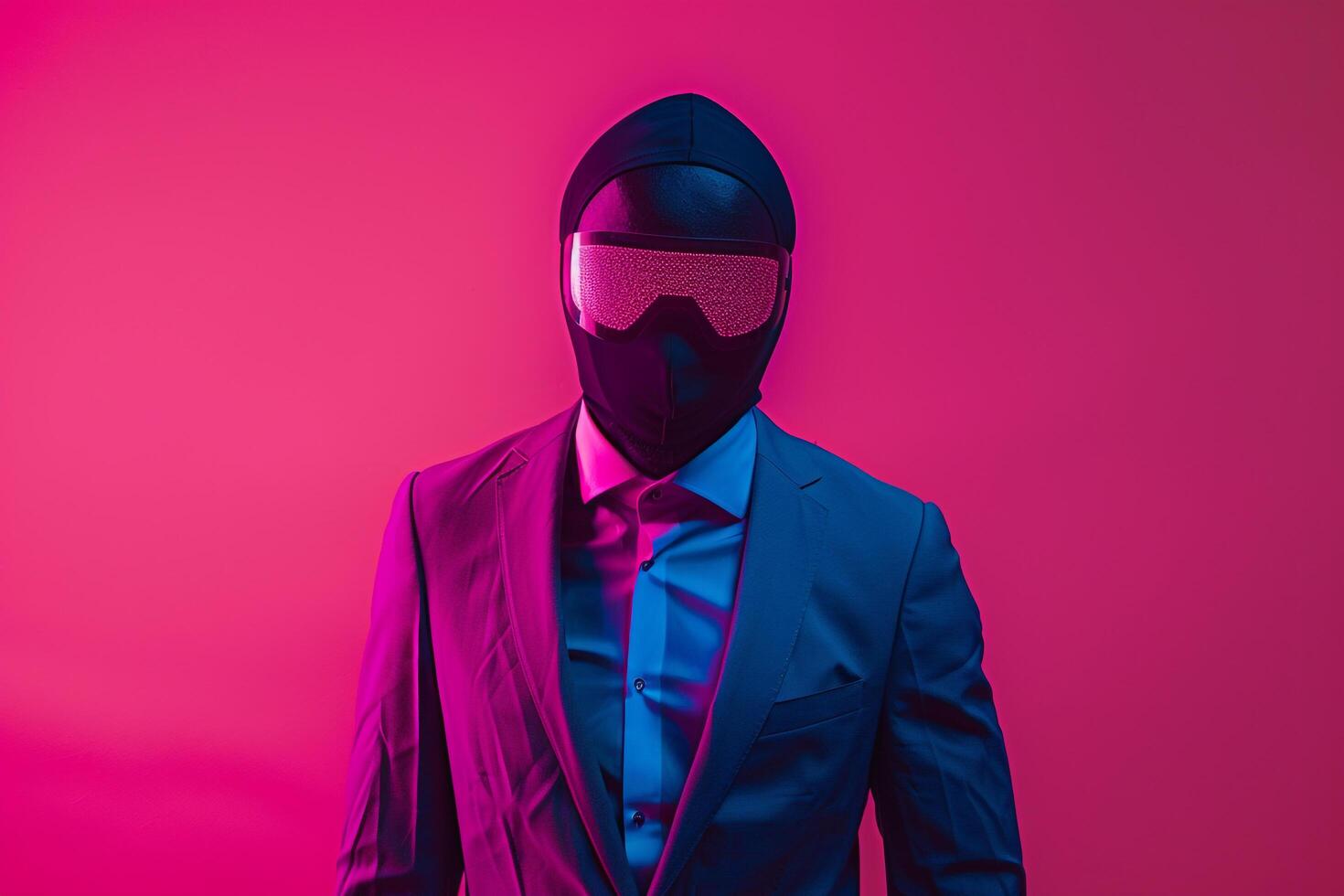 High end Fashion Male Model in Casual Suit with Neon Black Ski Mask and Neon pink Background photo