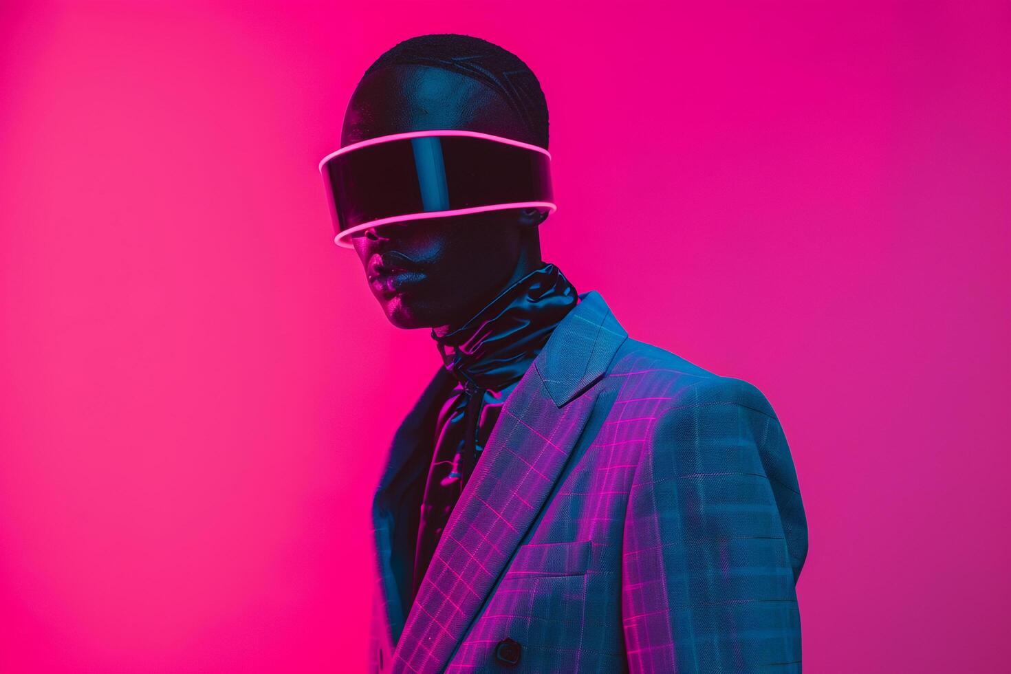 High end Fashion Male Model in Casual Suit with Neon Black Ski Mask and Neon pink Background photo